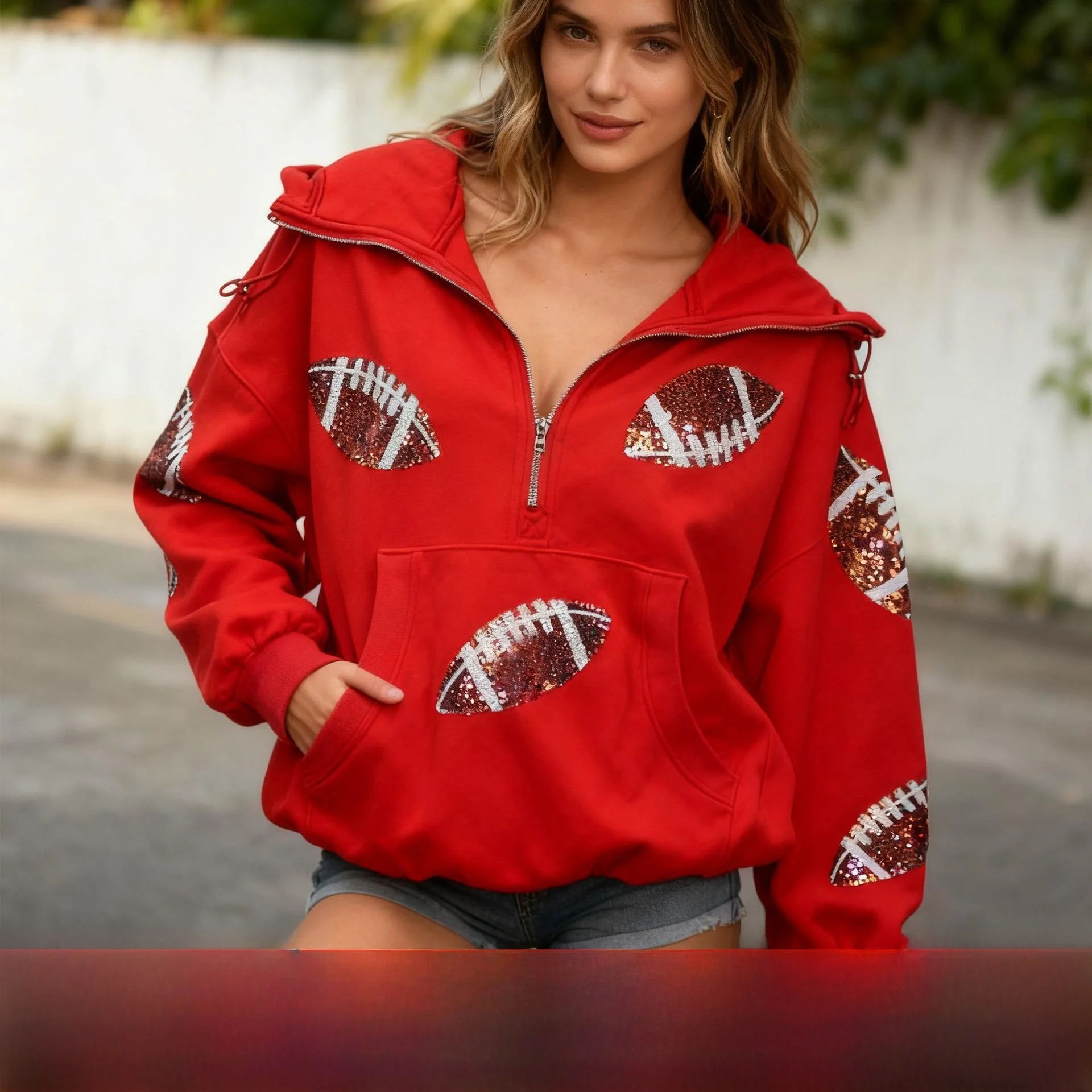 

Женская толстовка с капюшоном и пайетками, на молнии, с завязками на талии, с геометрическим узором, повседневная одежда, зимняя коллекция