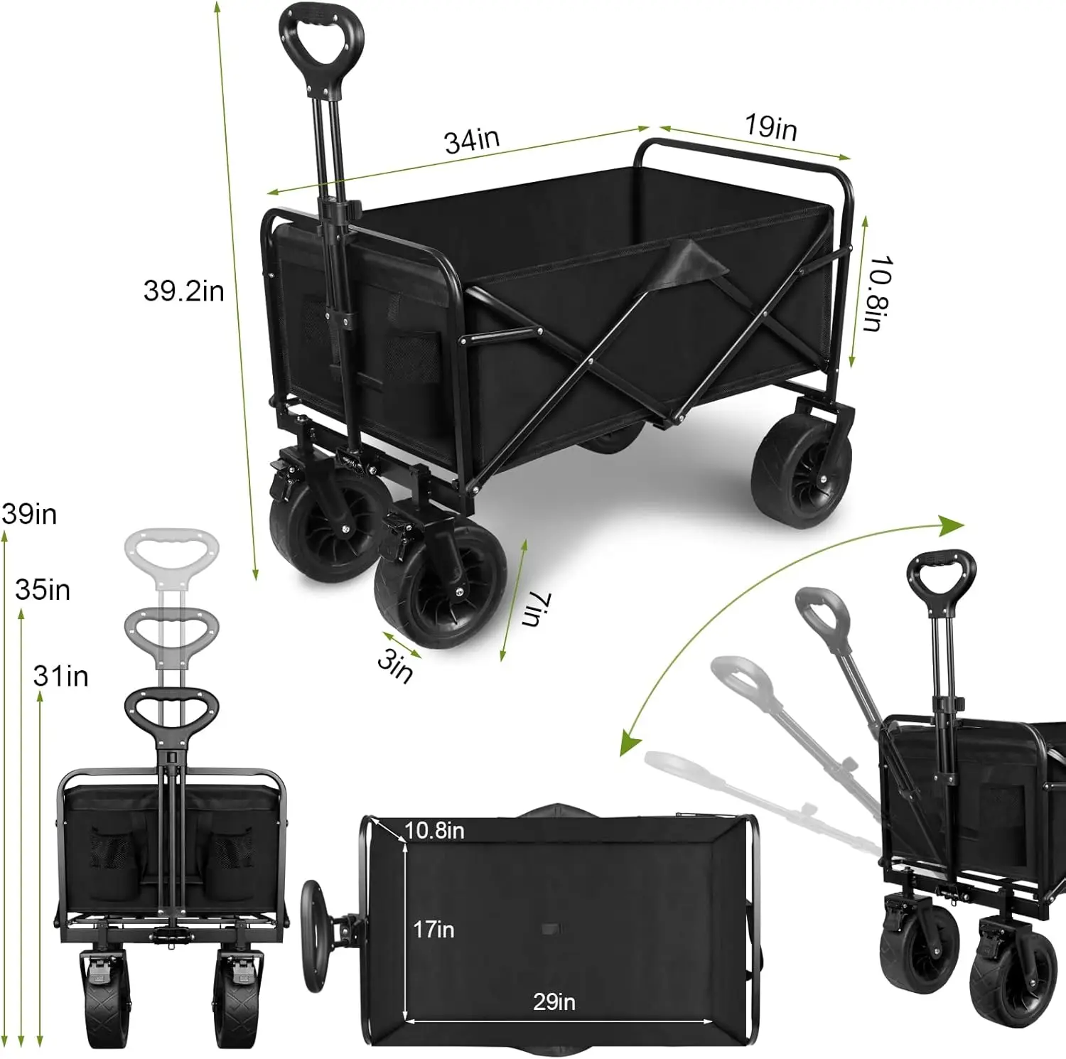 Collapsible Cart, Portable Heavy Duty Large Capacity Outdoor Garden Beach Stroller for Garden Camping Fishing Sports Shopping