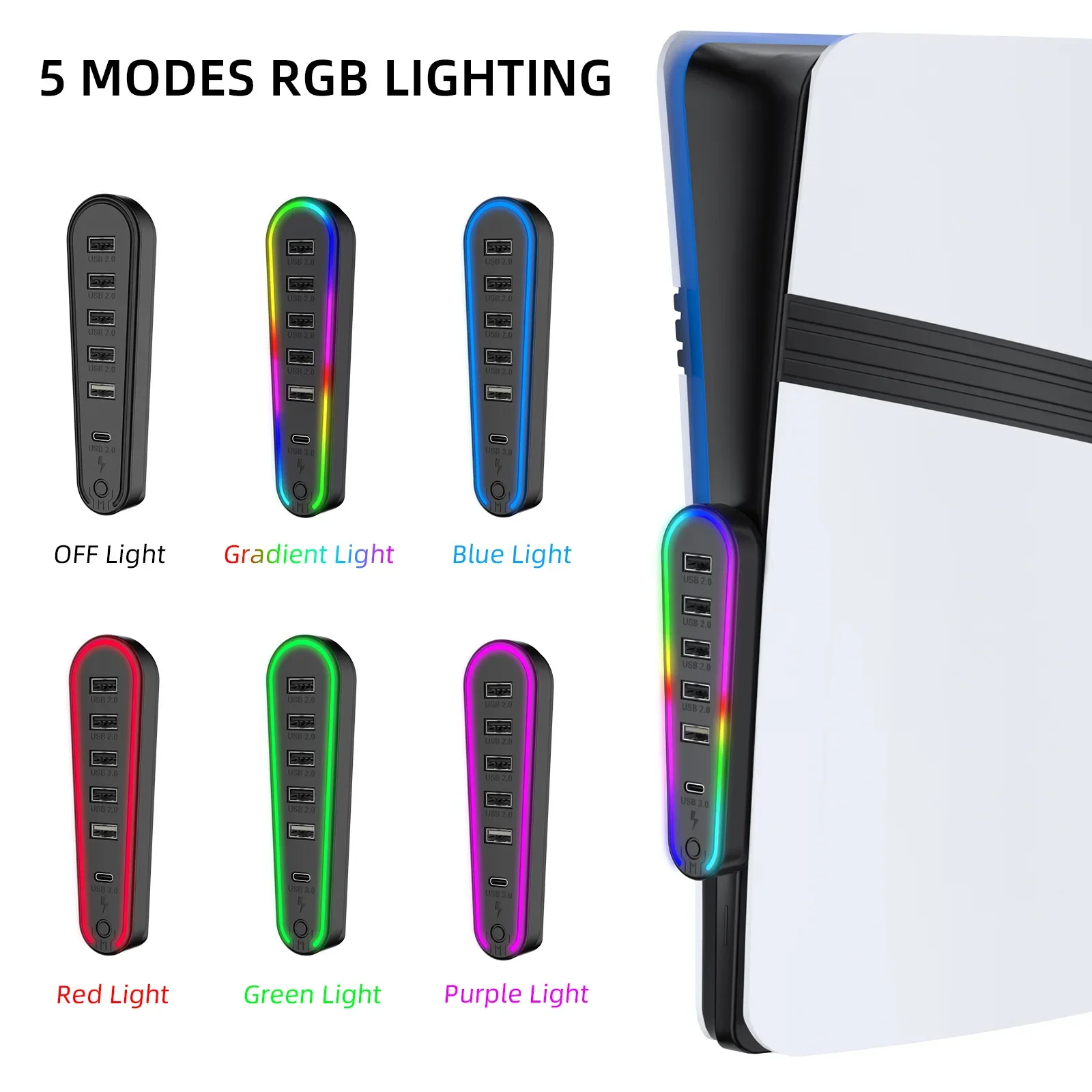 JYS-P5231 لـ PS5 Pro/PS5 Slim Host Six in One USB 2.0 HUB موسع نقل البيانات مع إضاءة RGB