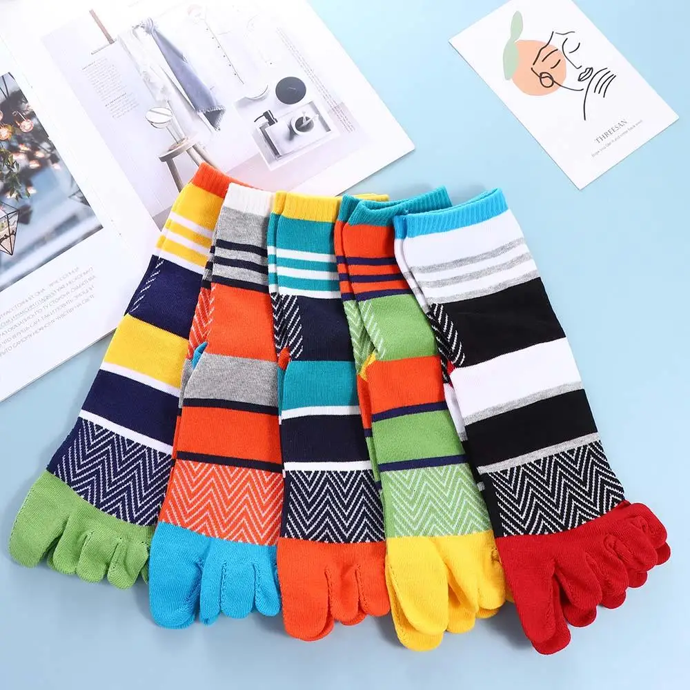 Spring Autumn Men Five Finger Socks Striped Bright Color Street Fashion Novelty Husbands Fathers Harajuku Happy Socks With Toes