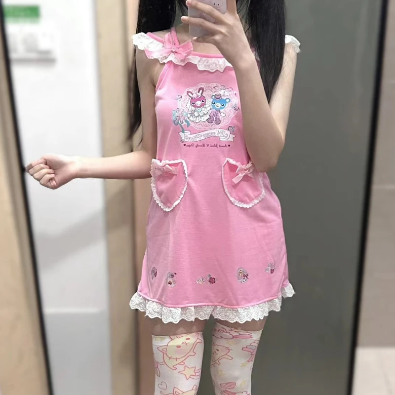 Pijamas con tirantes de estilo Lolita Kawaii para niñas, camisones con lazo de encaje dulce, camisones con estampado de oso de conejo, Mini vestido,