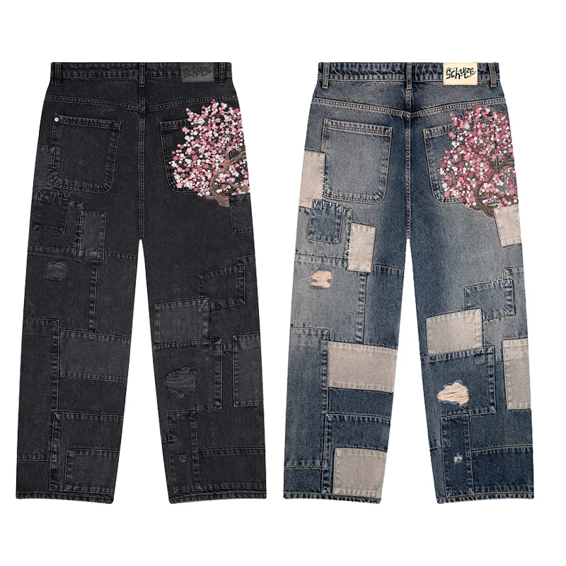 

Y2K мешковатые джинсы в стиле готики Harajuku с цветком в стиле пэчворк, джинсовые черные широкие брюки, женские модели, винтажная уличная одежда с принтом, джинсы в стиле хип-хоп