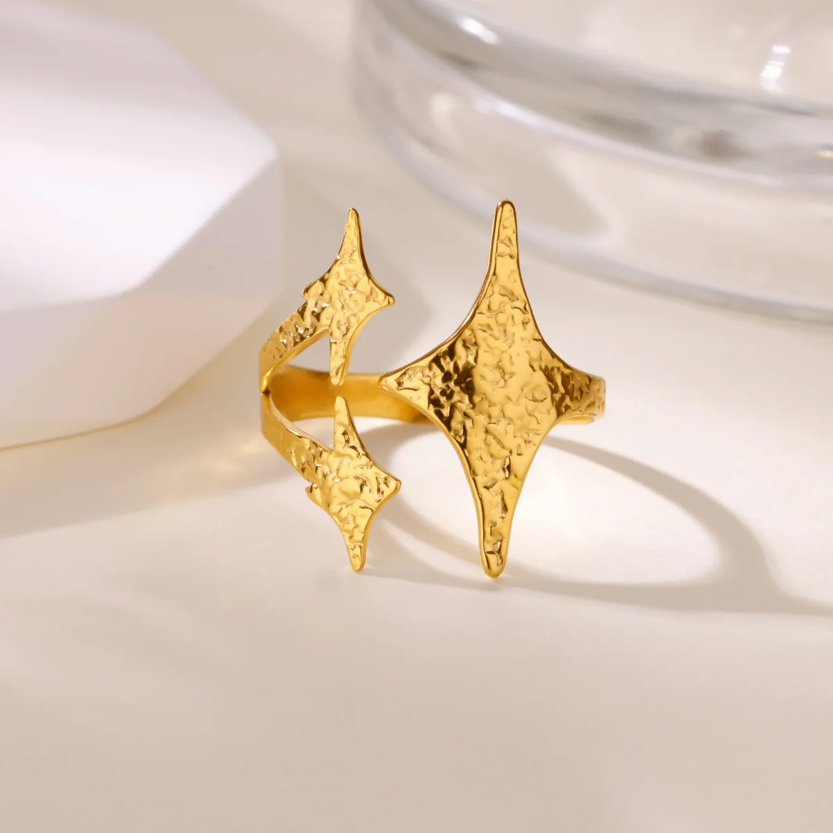 Vintage-Textur-Kreuzsternringe für Frauen, 18 Karat vergoldeter Edelstahlring, Hochzeit, Party, Schmuck, Geschenk