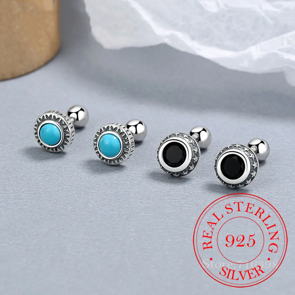 925 Sterling Silver Thai Silver Urquoise Black Round Thread Stud Earrings For Women Wedding Party Jewelry Gift Female Pendientes