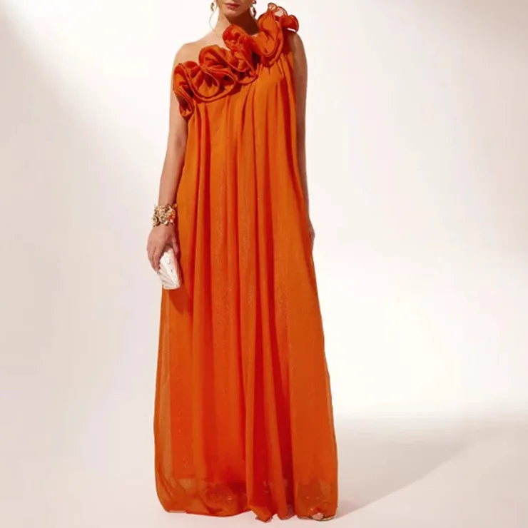 

Floral Pleated Dress Women Off Shoulder One Shoulder Backless Spring Summer Solid Color Maxi Dresses