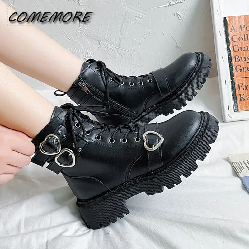 Heart Buckle Chunky Platform Ankle Boots Women 2025 New Autumn PU Leather Thick Bottom Short Boots Woman Black Motorcycle Shoes