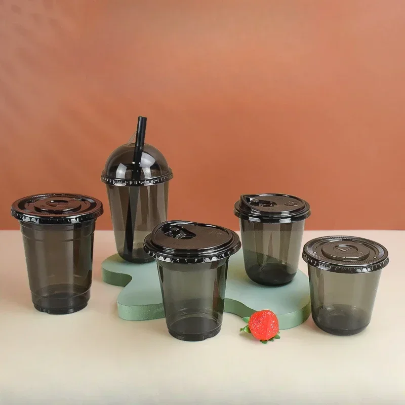 100pcs Disposable  Black U-shaped Coffee Cups 90/98mm Caliber 360/400ml PET Coffee and Juice Packaging Cold Drink Cup with Lid