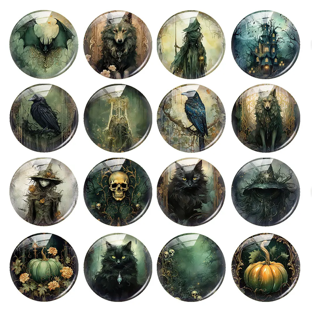 Halloween Gothic Horror Grüner Vogelscheuche Rabe Hexe Wolf Fledermaus Katze Foto Glas Cabochon Flatback Demo Cameo für DIY Schmuckherstellung
