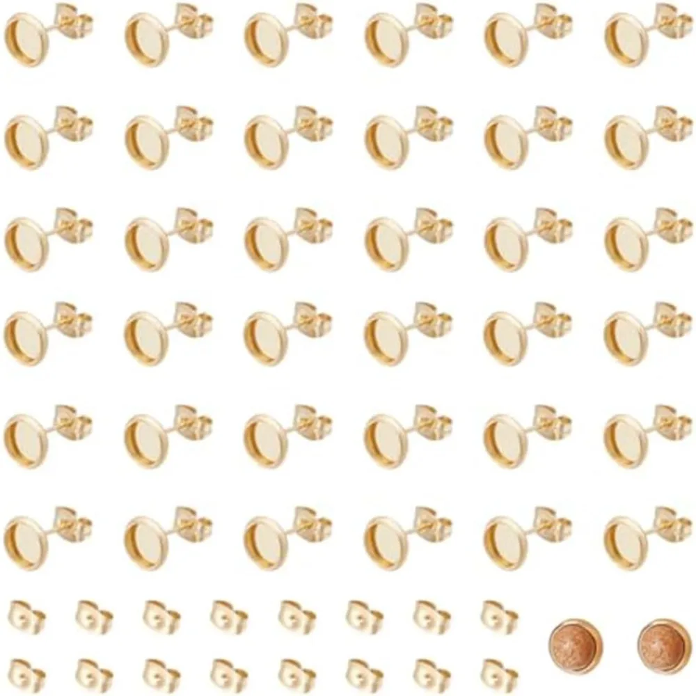 

100pcs 18K Gold Plated Blanks Stud Earring 6mm Round Cabochon Earring Bezels Trays Post Stainless Steel Earring Studs making kit