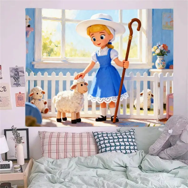1 Buah Permadani Bo Peep & Lambs, Seni Dinding Kartun Gadis Peternak yang Lucu, Dekorasi Poliester Modern untuk Ruang Tamu, Kamar Tidur, Asrama, Hadiah