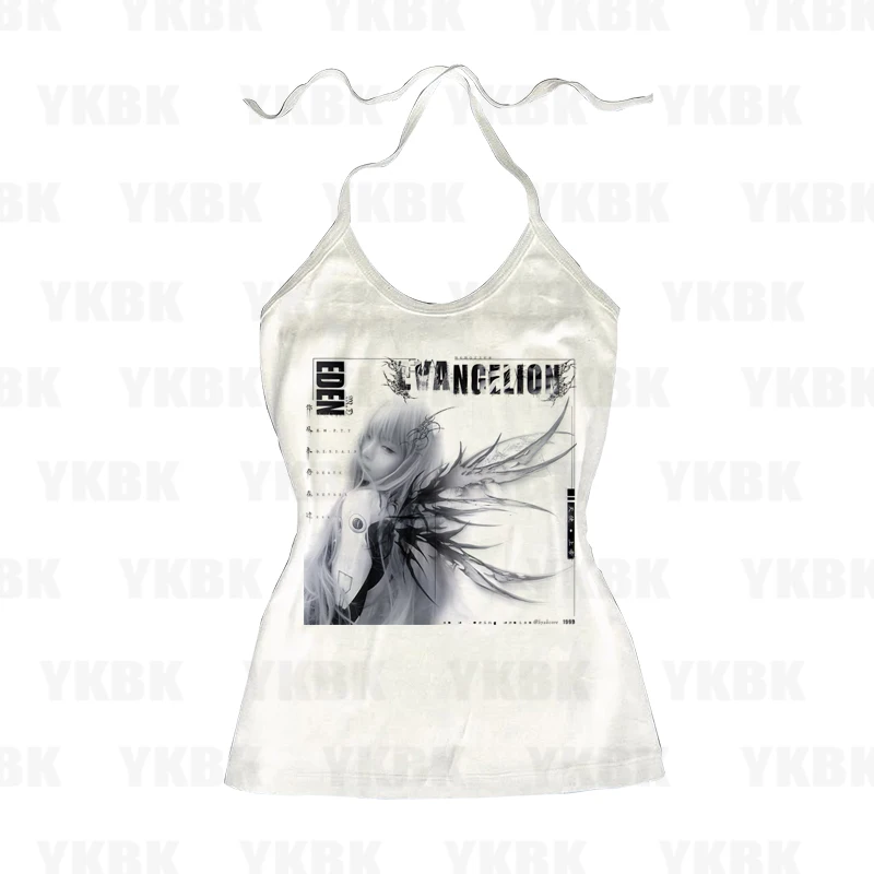 Camisetas cortas ajustadas con estampado gótico para mujer, camisetas blancas con estampado de Anime sin tirantes, camisetas gráficas elegantes informales de verano, ropa de calle básica y2k