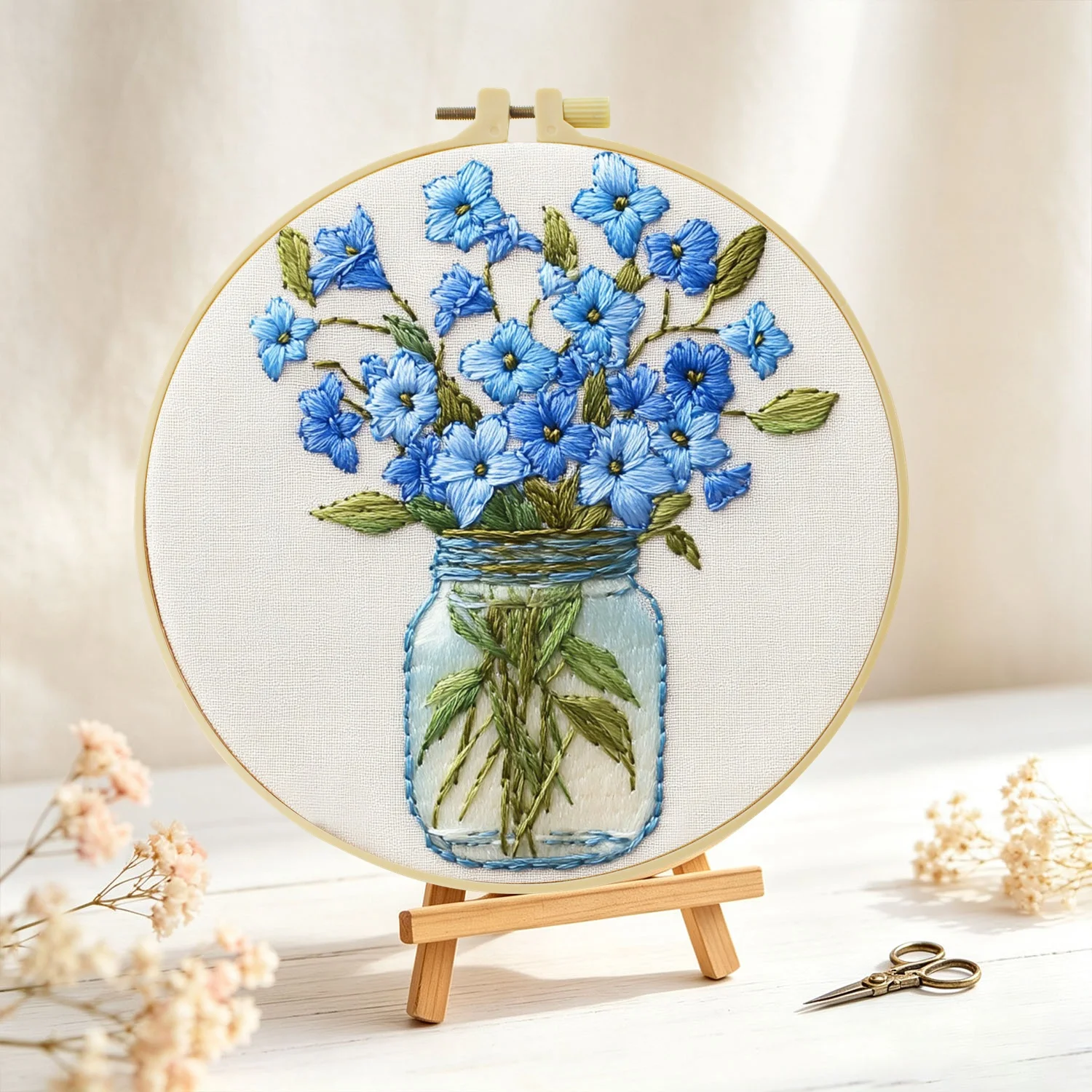 1Set Blue Flowers in Mason Jar Diy Embroidery Kit For Beginner Embroide Starter Kit Cross Stitch Art Gift Needlework Craft