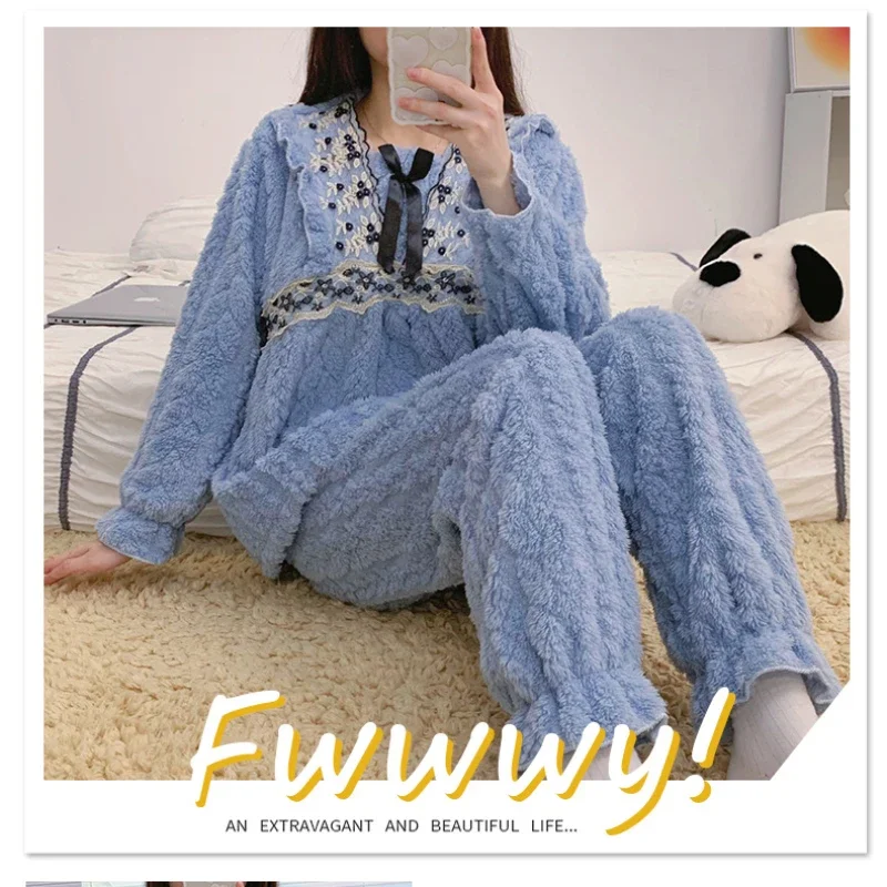 5XL Plus Size Coral Fleece Pajamas Women\'s Autumn/winter Thickened Flannel Home Clothes Loose Loungewear Suitable for Outerwear