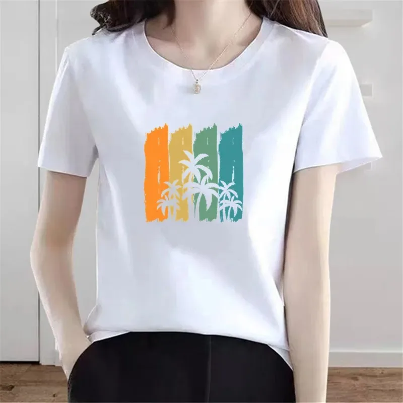

Women's Art Style Short Sleeve T-Shirt Tropical Plant Landscape Print Top Casual Versatile Crew Neck Shirt