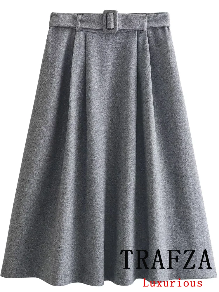 TRAFZA Casual Vintage Chic Women Skirt Solid Gray Zipper Loose Long Straight Skirt Fashion 2024 Spring Office Lady Wear Skirt