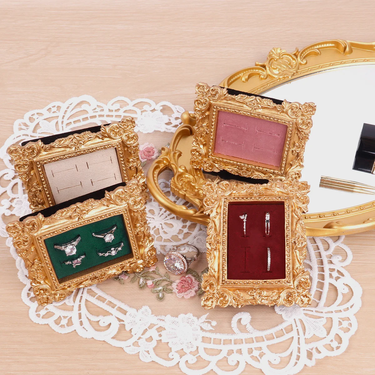 

Vintage Gold Ring Display Stand,Suede Earring Tray Baroque Design,Wedding & Birthday Gifts, Velvet Organizer for Engagement Prop