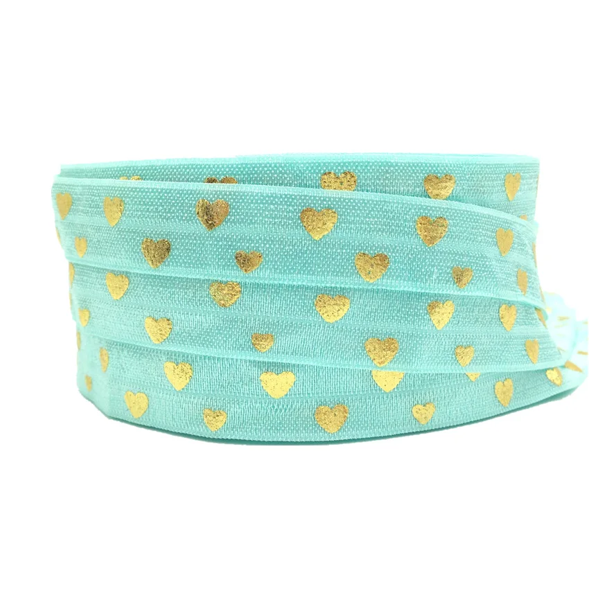 10yards 15mm lamina d\'oro Love Heart Print Fold Over elastico FOE Ribbon fai da te copricapo cravatta cucito accessori per la decorazione di nozze