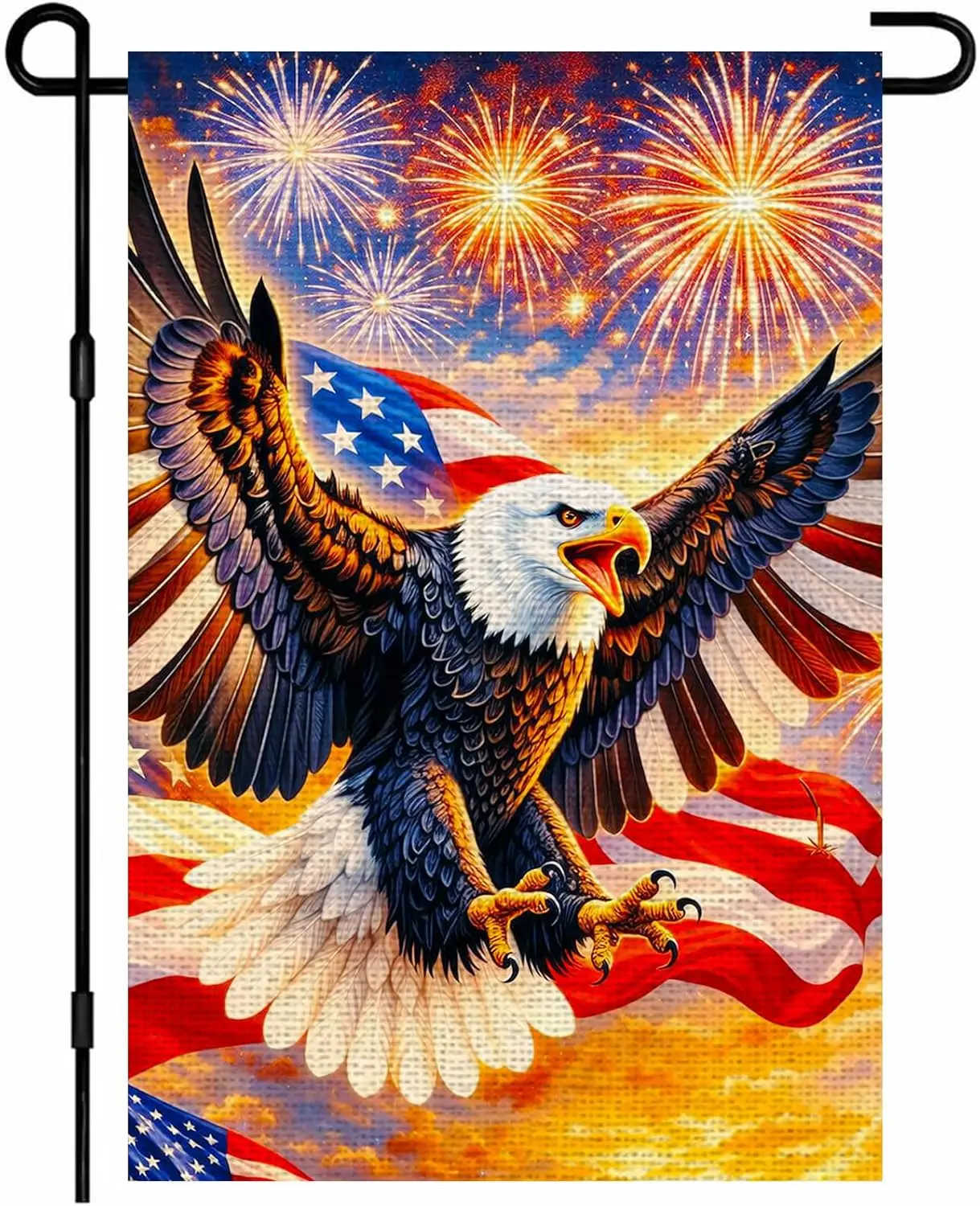 4th of July Day Garden Flag 12x18 Inch Double Sided Burlap Patriotic Eagle Stars Stripes Sky Burst Design Small Outdoor Yard PPZ