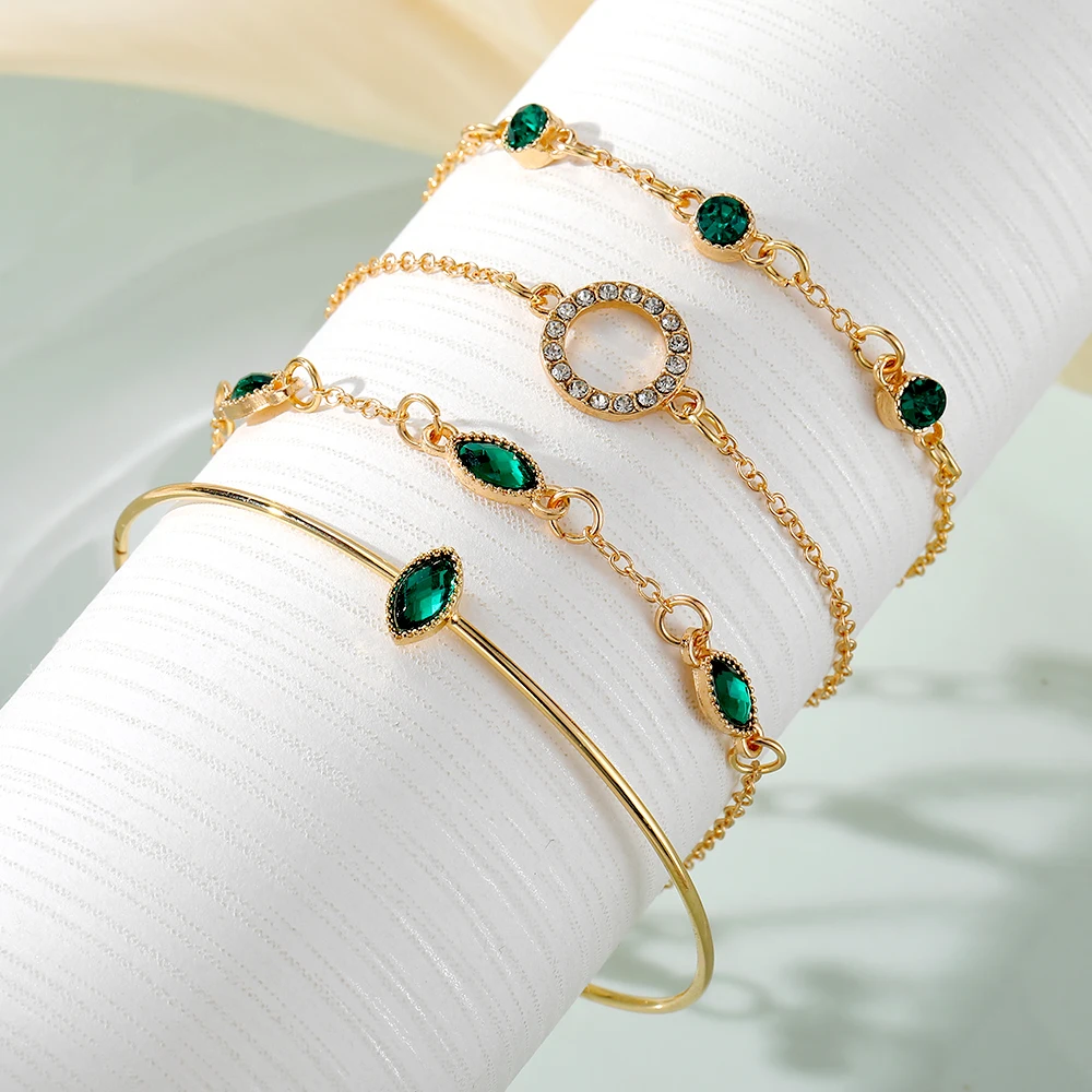 Emerald Green Gemstone Circle Bracelet Jewelry Set for Women Heart Bracelet Wedding Engagement Bracelet Fashion Jewelry