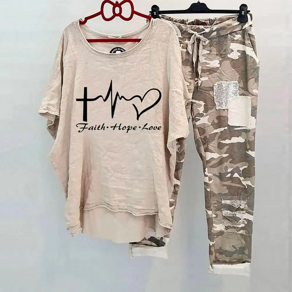 2Pcs/Set Women\'s Loose Casual Suit O Neck Printed Breathable Cotton Blend Breathable Sportswear Outfit Camouflage Women\'s Outfit