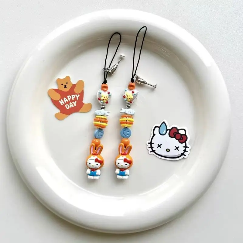 Kawaii Sanrio Hello Kitty Handmade Beaded Phone Chain Ccd Camera Pendant Keychain Backpack Pendant Festival Girls Gift