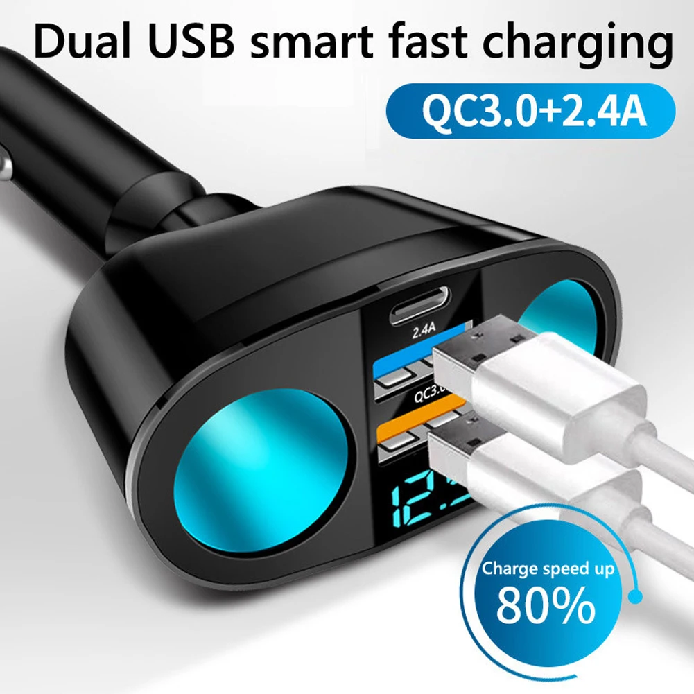 360 Degree Rotatable Car Charger with Blue LED Voltage Display for 12V 24V Vehicles Including Cars Trucks and SUVs