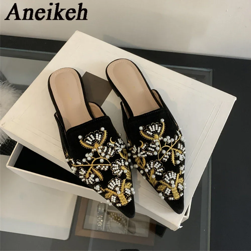 Aneikeh Summer Women Flat Slippers Pointed Bead Embroidery Roman Style Shallow Mouth Velvet Mules Shoes Slip on Female Slides