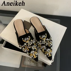 Aneikeh Summer Women Flat Slippers Pointed Bead Embroidery Roman Style Shallow Mouth Velvet Mules Shoes Slip on Female Slides