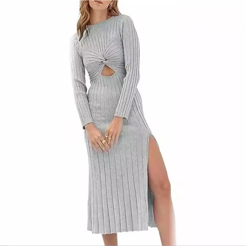 Bandage gebreide jurk met lange mouwen, sexy knoop hoge split uitgehold mode effen lange jurk outfits, strand bikini cover-up