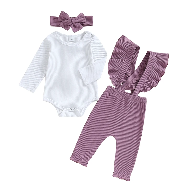 

Infant Baby Girl Outfit Ribbed Long Sleeve Romper Ruffle Trim Overalls Pants Headband Winter Clothes