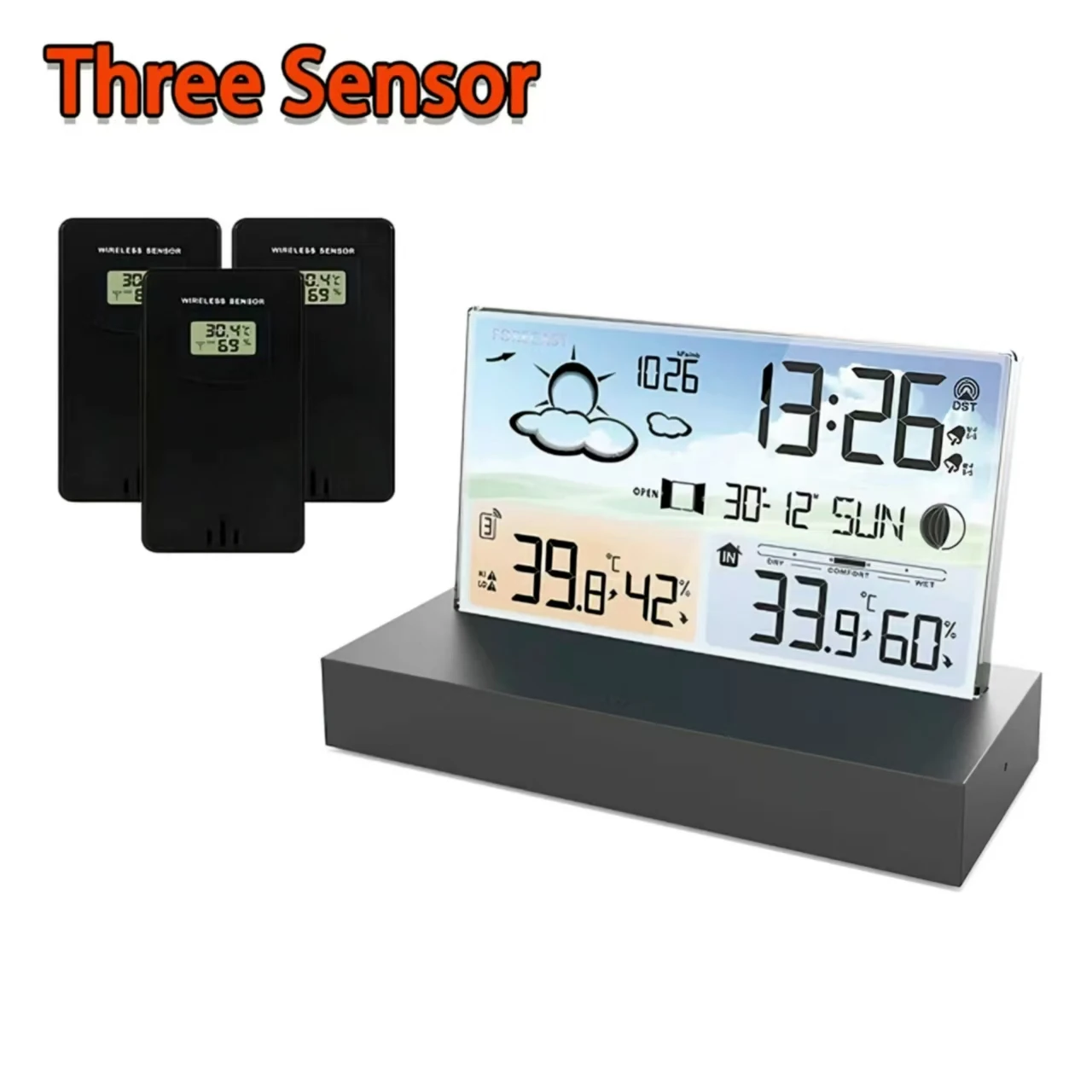 

Wireless Multi-Function Transparent Glass Weather Clock with 3 Sensors, Weather Forecast, Electronic Clock, Backlight Display