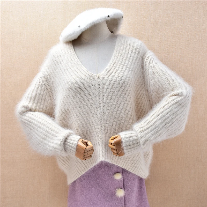 

Women Mujer Autumn Winter Clothing Hairy Mink Cashmere Knitted V-Neck Long Sleeves Striped Loose Pullover Sweater Jumper Pull