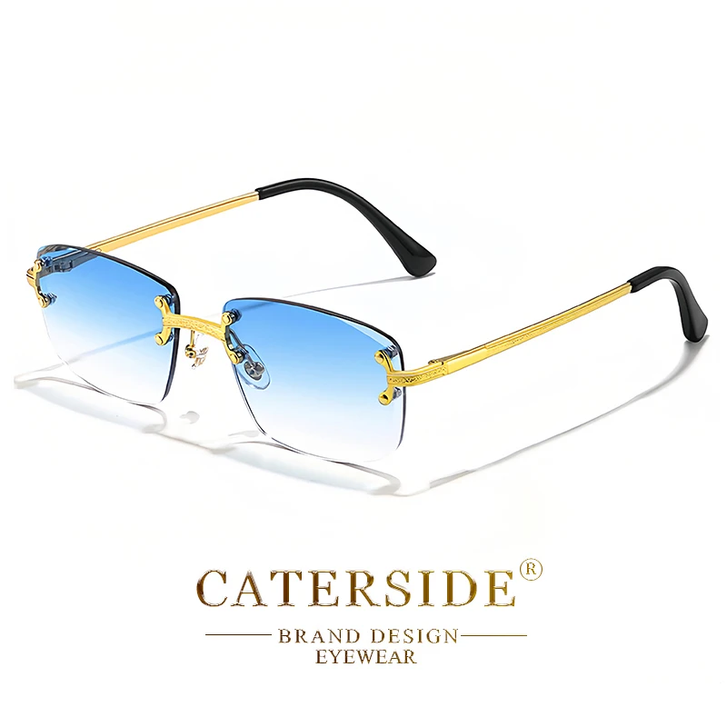 CATERSIDE Retro-Sonnenbrille mit randlosem Metallrahmen und Farbverlauf für Herren, Punk-Luxus-Damenbrille, kleine rechteckige Sonnenbrille – Detail 16