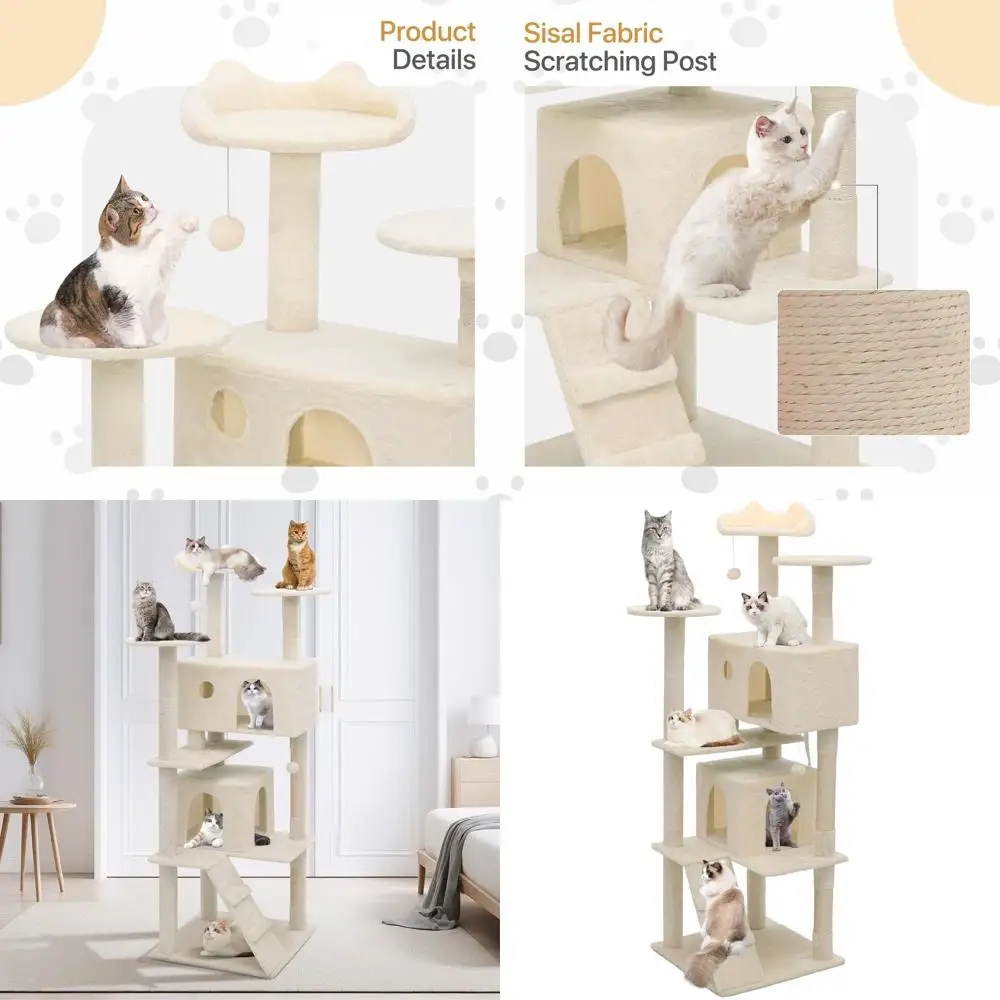 

70 Indoor Cat Tree with Sisal Posts, 2 Condos, and 3 Plush Perches for Kittens and Cats - Beige