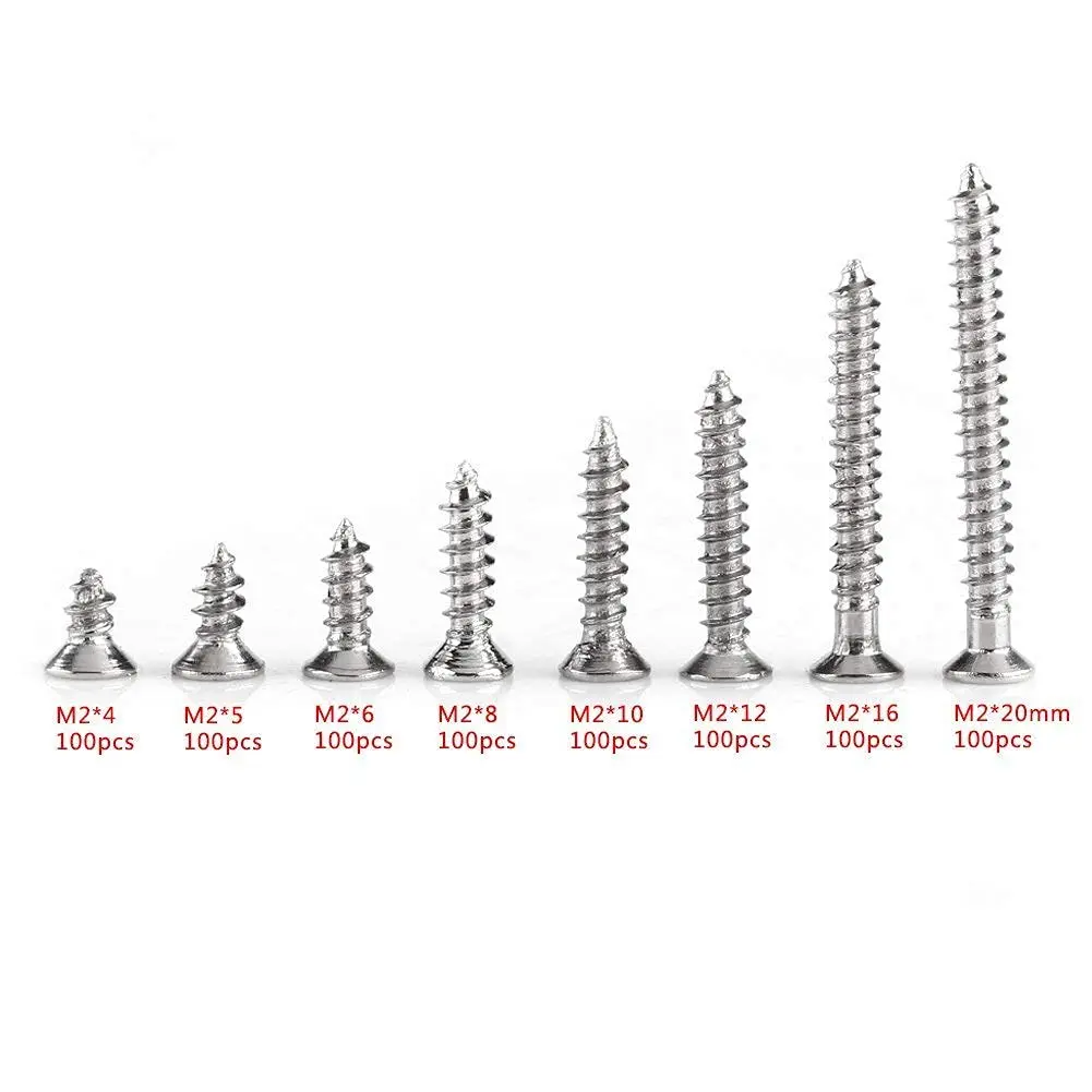 Pack of 800Pcs M2 Carbon Steel Screws, Cross Drive Flat Head Self Tapping Screws Kits for Machine Woodworking Fastener