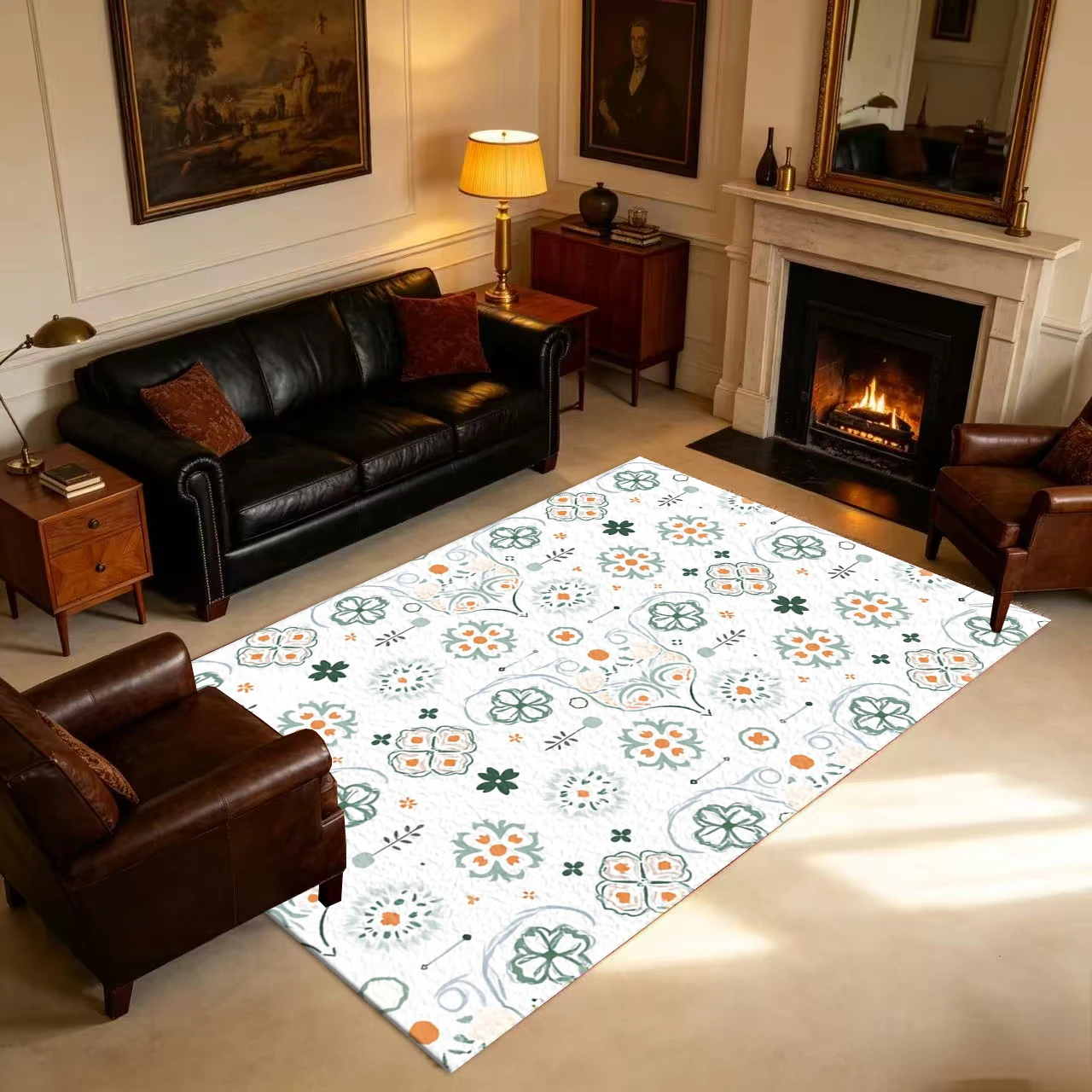Bohemian Style Hand-Painted Floral Tile Carpet Non-Slip Soft Floor Mat Suitable for Bedroom, Living Room, Indoor Home Decoration