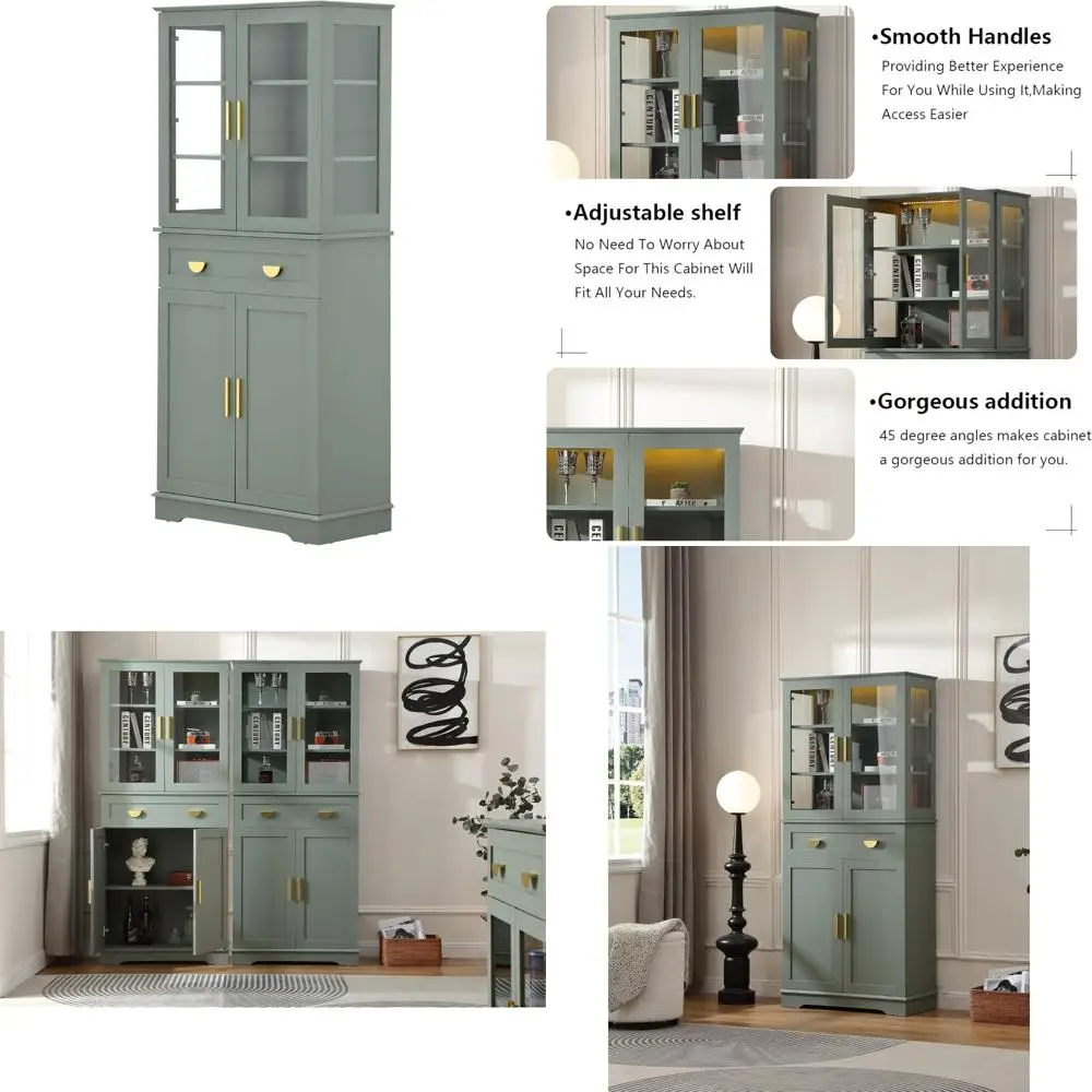 خزانة مخزن خشبية طويلة الطراز على طراز المزرعة الحديثة مع أبواب زجاجية، وخزانة تخزين المطبخ تتميز بدرج ورف قابل للتعديل