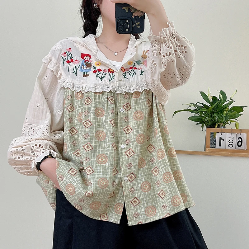Japanese Mori Girl Vintage Polka Dot Cartoon Girl Flower Embroidery 100% Cotton Hooded Shirts Women Spring Long Sleeve Blouse
