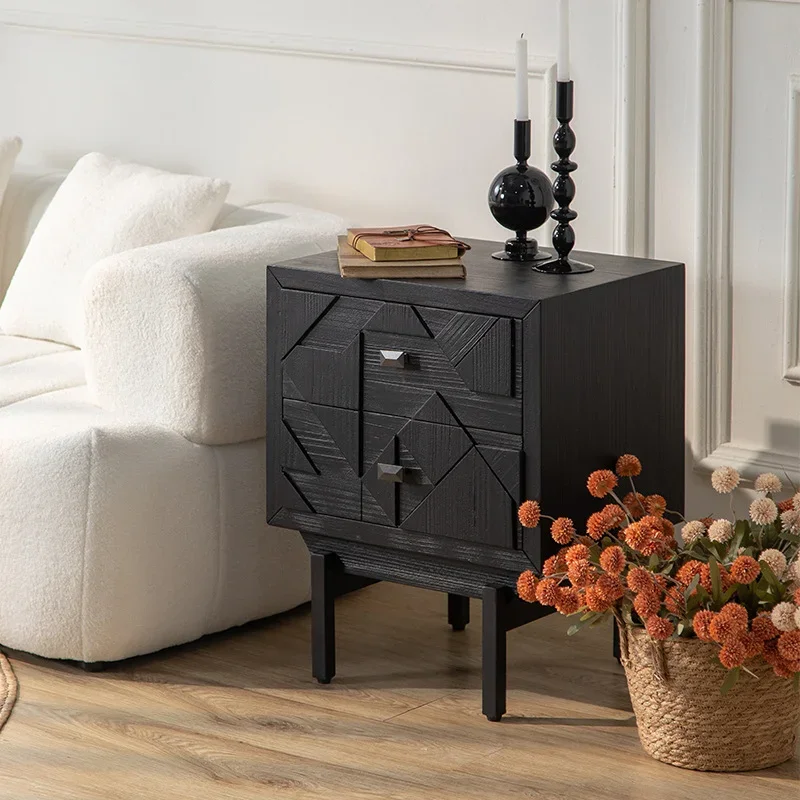 European style high-end bedside table, retro wooden relief, black storage, modern small-sized drawer cabinet