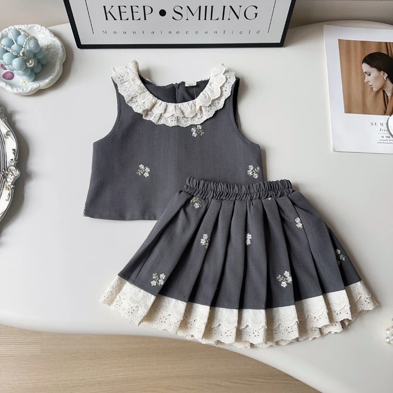 Girls' College Style Suit Spring and Autumn New Children's Embroidered Waistcoat + Pleated Skirt Two-piece Set  Girl Clothes