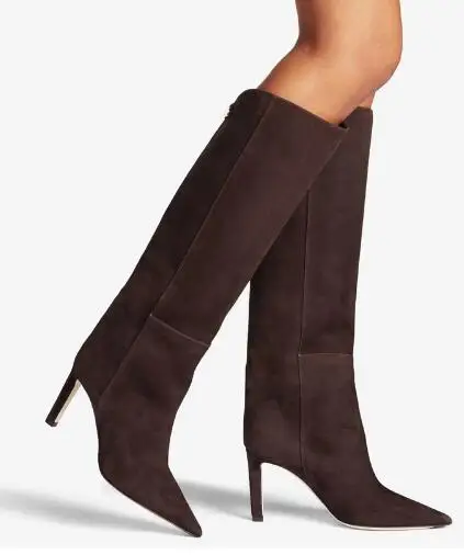 

Autumn Women Brown Black White Blue Suede Pointed Toe 10 CM Stiletto Heel Tube Slip On Knee High Boots Button Decor Long Boots
