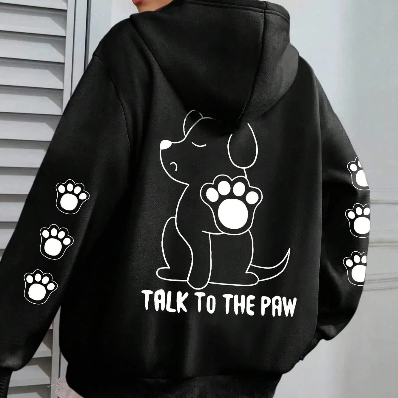 Talk To The Paw Funny Dog Cartoon Print Hoodie Women Warm Fleece Hoody Fashion Casual Hooded Autumn Loose Round Neck Woman Tops