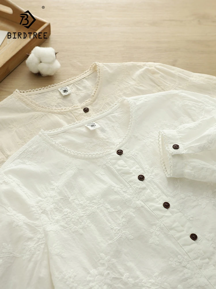 

New 2025 Autumn Cotton Long Sleeve Shirt, Women Stand Embroidery, Mori Girl Versatile Temperament Chic Loose Blouse T59187CC