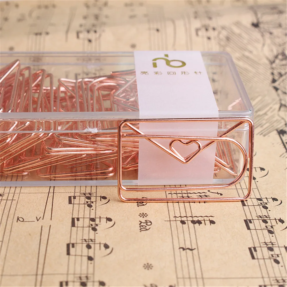 20pcs Paper Clips Rose Gold Love Heart Envelope Shaped Modeling Clip Metal Paperclips Paper Clips Bookmark Office Accessories