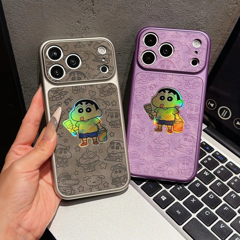 Cute Cartoon Japan Anime Crayon Shin-chan Leather Laser Phone Case For iPhone 17 16 15 14 13 Pro Max Shockproof Hard Cover