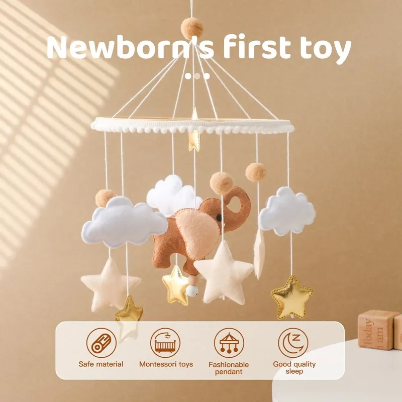 Baby Elephant Hanging Bell Toys Felt Infant Crib Bed Bell Mobile Wooden Newborn Weaving Rattle Toy 0-12 Month Bed Bell Holder