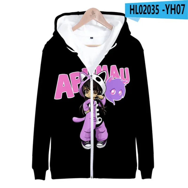 Aphmau merch เสื้อแจ็คเก็ตมีฮู้ดมีซิปสำหรับผู้หญิงและผู้ชายเสื้อแจ็กเก็ตพิมพ์ลาย3D สีม่วงและสีแดงเปลวไฟเสื้อเด็กน่ารัก