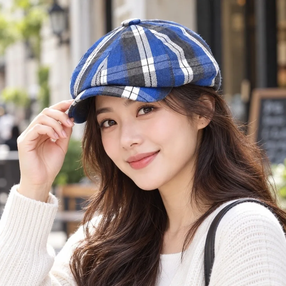 Fashion Short Brim Plaid Beret Hat Thin Lightweight Breathable Octagonal Cap Casual Vintage Artist Painter Hat Office