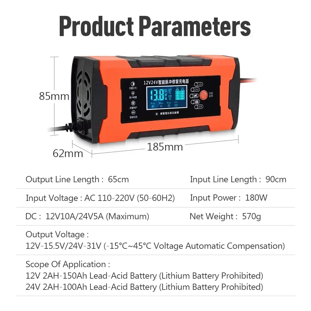 Car Battery Charger 10A 12V Automotive Battery Charger 24V 5A Car Accesorries Digital Display Detection Pulse Repair Car Charger