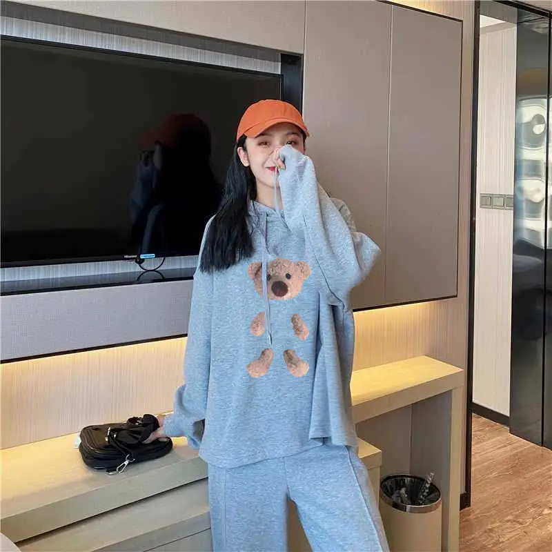 Leisure Bear Sports Set Women's 2024 Autumn/Winter New Korean Edition Leisure Loose Hoodie Wide Leg Pants 2-piece Set